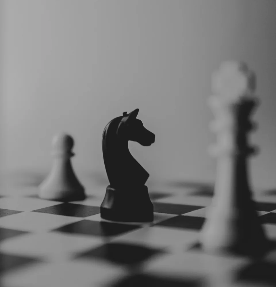 Un caballo de ajedrez frente a otras piezas, en blanco y negro.